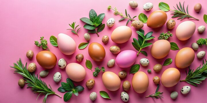 Fresh eggs arranged on a vibrant pink background with various sizes and shapes, surrounded by greenery and decorative elements, fresh produce, vibrant
