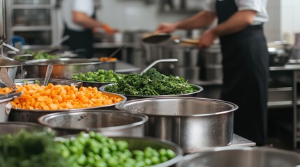 Obraz premium Volunteers Prepare Fresh Ingredients at Community Soup Kitchen Event