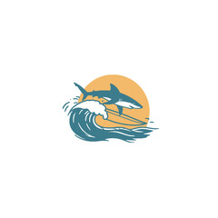 Stylized Shark Jumping a Wave at Sunset in a Minimalist Design