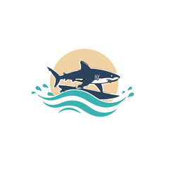 Shark Illustration With Surfboard and Wave Featuring Ocean Sunset in Background