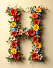 letter,HA, floral, flowers, vibrant, colorful, artistic, elegant, design, organic, natural, red, yellow, pink, blue, white, blooms, green, leaves, accents, beige, background, soft, texture, warm, 