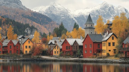 Fototapeta premium Scenic Autumn Norwegian Village View with Colorful Houses Mountains and Reflections A Picturesque Travel Destination