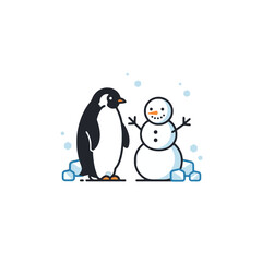 Cute Penguin and Snowman Illustration With Icy Winter Elements