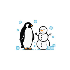 Cute Penguin Standing Next to Snowman Winter Illustration with Snowflakes