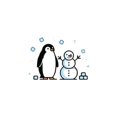 Illustration of Penguin and Snowman with Ice Cubes in Winter Setting
