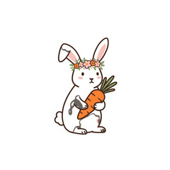 Cute Bunny Holding a Carrot With a Flower Crown Illustration