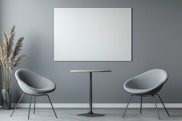 Minimalistic gray space, modern bar furniture, wall for art, 3D design.