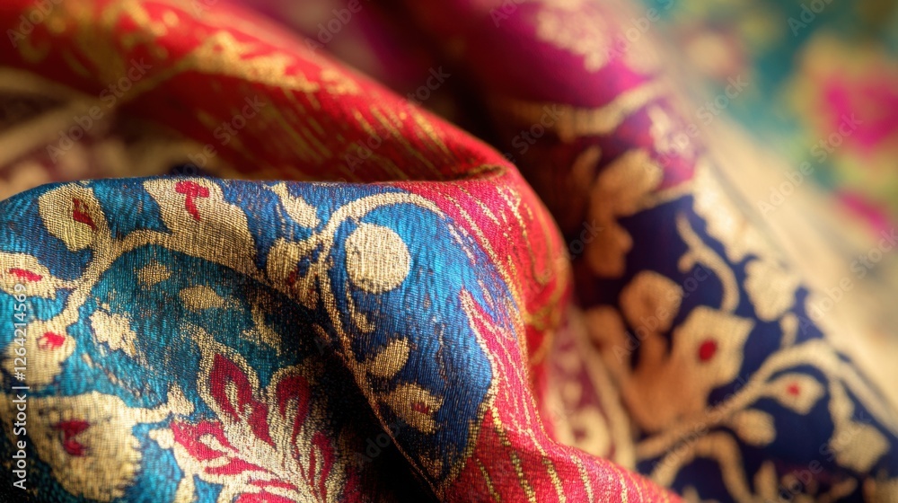 Fototapete Vibrant close up of richly patterned fabrics featuring intricate floral and geometric designs with space for custom text. Generative AI