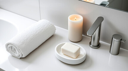 Naklejka premium A fresh, clean bathroom countertop with soap, a towel, and a candle – Generative AI