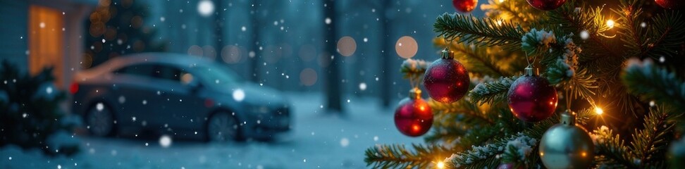 Snowflakes falling gently on a festive Christmas tree decorated with lights and ornaments, winter, christmas, snow