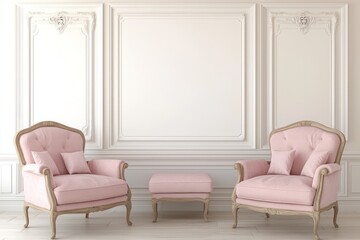 Delicate office salon, pink rose pastel armchairs, ivory ecru walls.