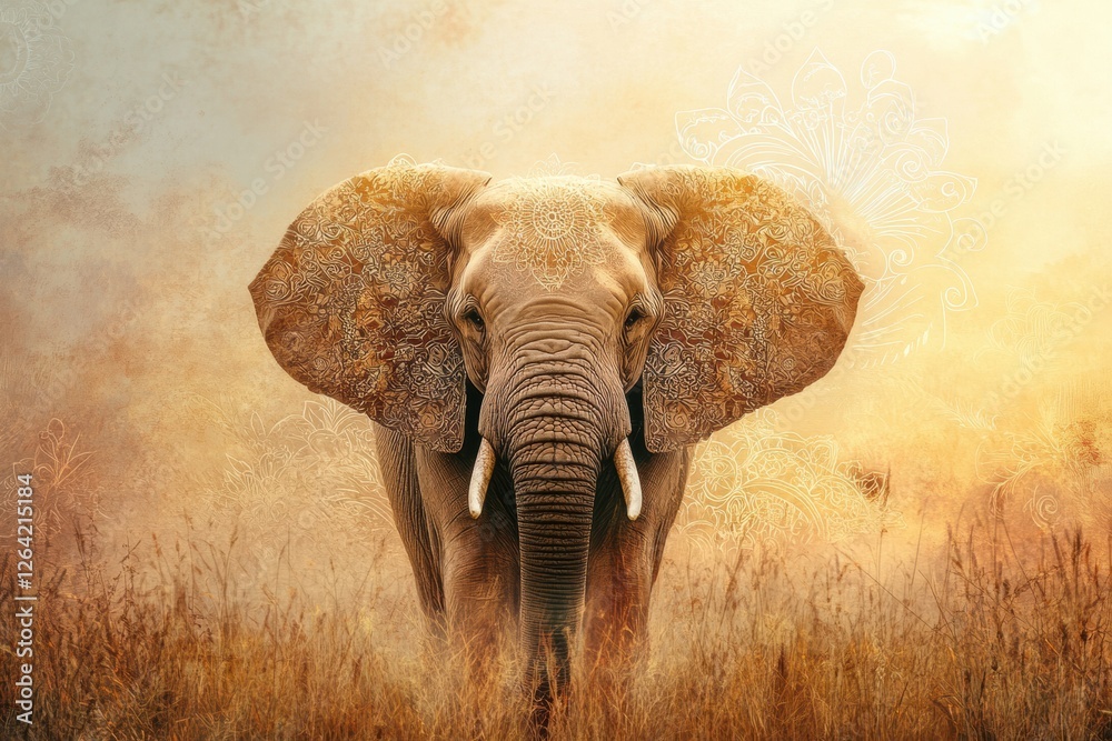 Aufkleber Elephant standing majestically in a golden grassland at sunset with intricate patterns on its ears and an ethereal background. Generative AI