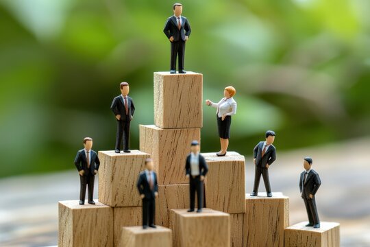 木製のミニチュアビジネスマンたちが階層的に配置された写真（組織・出世・パワハラ・企業構造・差別・権力）