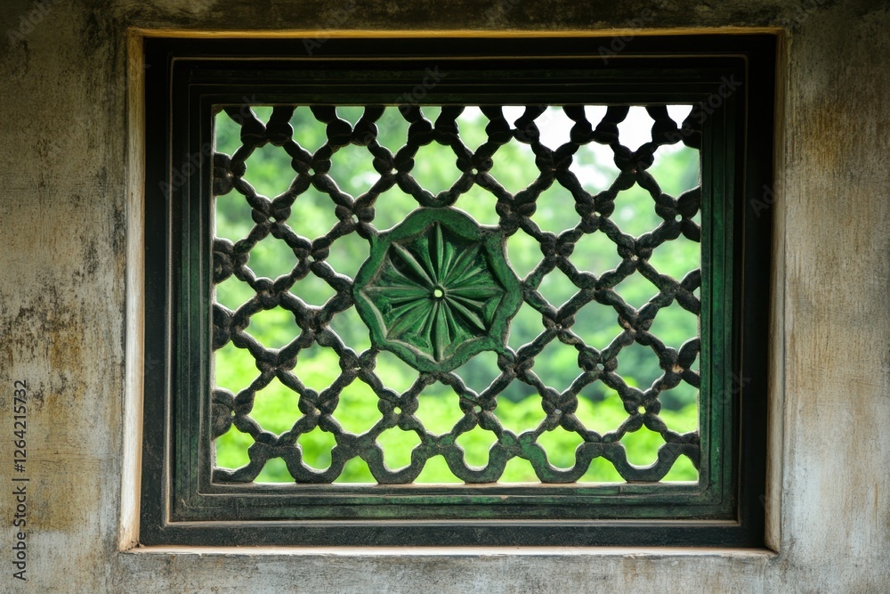 Wall mural Decorative window with intricate lattice design and natural background