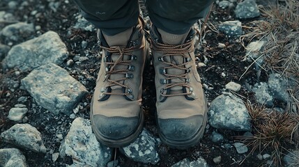 Hiking Boots on Rocky Terrain Surrounded by Nature and Adventure Enthusiasm