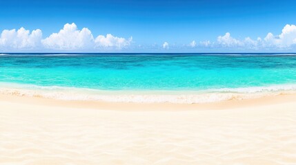 Obraz premium Serene Tropical Beach with Crystal Clear Turquoise Water and Soft Golden Sand Under a Bright Blue Sky with Fluffy White Clouds