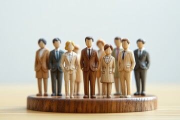木製のミニチュアビジネスマンたちが一列に並ぶ（組織の力・階層構造・リーダーシップ・団結）