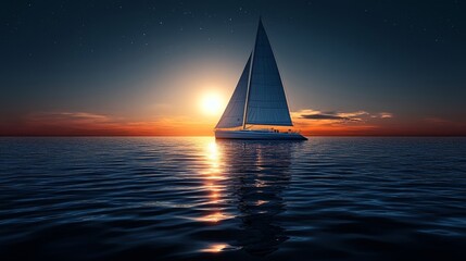 Fototapeta premium Sailboat Gliding on the Ocean at Sunset Serene Nautical Scene and Romantic Seascape under the Night Stars