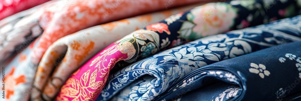 Poster Close up of beautifully patterned fabrics featuring floral and geometric designs perfect for various textile projects. Generative AI
