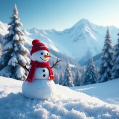 Obraz premium Snowman in snowy landscape with frozen trees and mountains , serene atmosphere, peaceful scene, snowy mountains