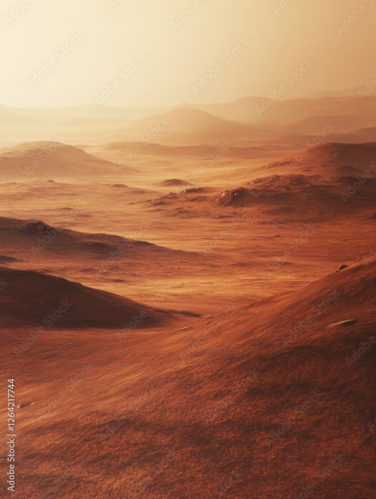 Poster majestic orange landscape with rolling hills under a warm sun at twilight in a distant desert. gener