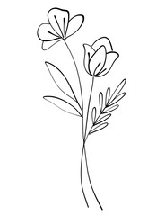 tiny wild flowers and plants line art botanical illustrations. Trendy greenery hand draw lines black ink sketches. vector illustration