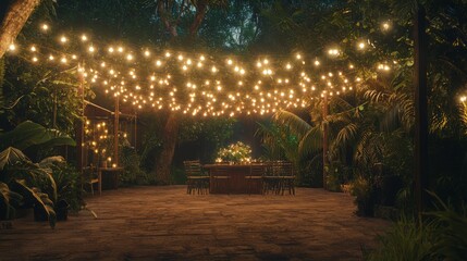 Obraz premium Festive Outdoor Gathering with Strings of Lights in a Cozy Garden
