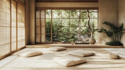 Fototapeta premium Serene zen room with floor cushions overlooks a lush garden