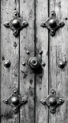 Close-up of an aged, weathered wooden door with ornate metal accents and a central latch.