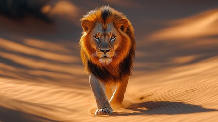 Majestic lion walking gracefully through golden sand dunes under a clear blue sky at sunset