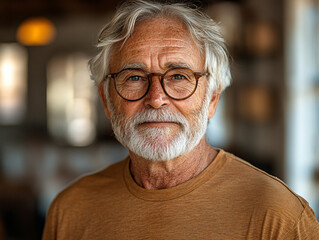 Elderly man silver hair and beard casual t-shirt deep wrinkles wise expression serious look warm lighting close-up portrait senior gentleman aged experience wisdom character 80 year old mockup advert