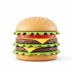 A cheeseburger with lettuce and tomatoes. The burger is topped with sesame seeds. There are three layers of meat in this burger. It has two buns made from bread. Cheese is melting on top.