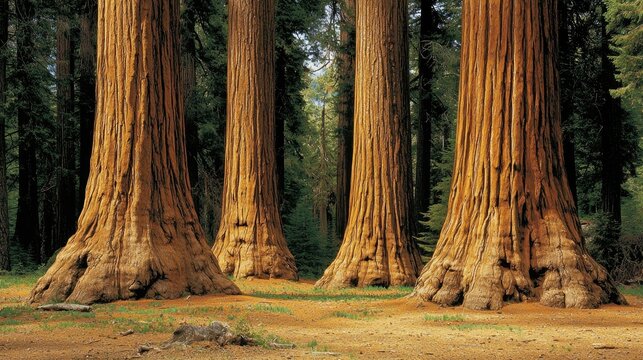 Majestic Sequoia Trees Towering in a Lush Forest with Soft Light Filtering Through Leaves