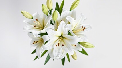 Obraz premium Elegant White Lilies on White: Purity and Serenity, white lilies bouquet, top view