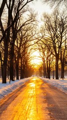 A serene winter scene featuring a sunlit road lined with bare trees, reflecting golden light amid a snowy landscape.