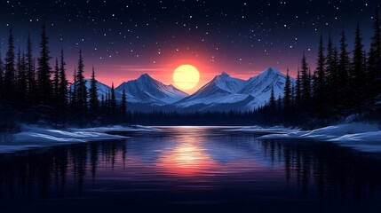 Fototapeta premium Pixelated Twilight Reflecting on Serene Lake Between Majestic Mountains Under the Night Sky Showing Beautiful Scenery
