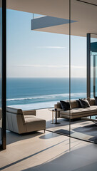 Luxury architecture, ocean front property landscape. Modern living room interior design with sleek contemporary designer furniture, minimalist decor large windows, panoramic coastal view background