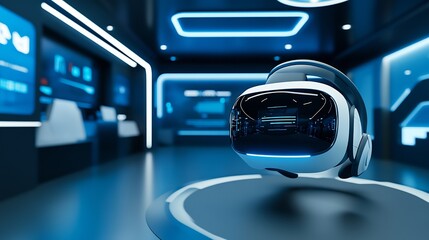 Futuristic virtual reality headset demo in a tech showroom showcasing the innovation of VR technology in entertainment