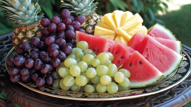 Summer fruit platter outdoors, juicy watermelon, grapes, pineapple slices