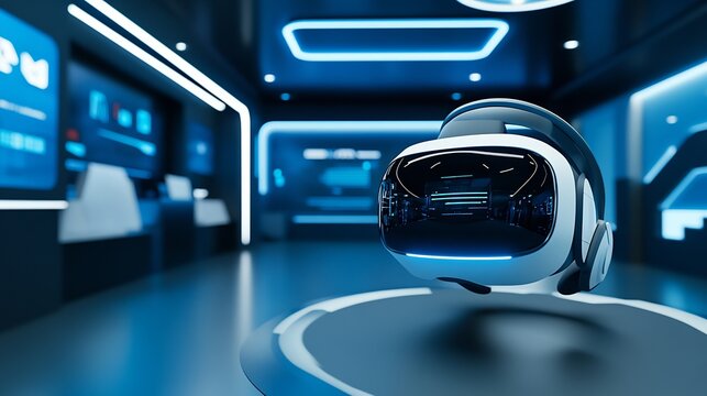 Futuristic virtual reality headset demo in a tech showroom showcasing the innovation of VR technology in entertainment