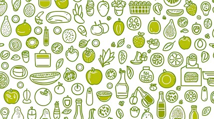 Colorful hand-drawn illustrations of various fruits, vegetables, and food items on a white background