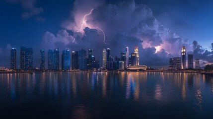 Obraz premium Lightning bolt strikes over city skyline at dusk photograph urban dramatic
