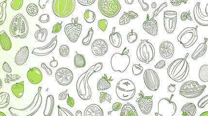 A vibrant collection of hand-drawn fruits including bananas, strawberries, and melons on a light background