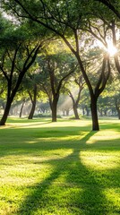 Obraz premium A serene landscape featuring sunlit trees casting shadows on green grass, creating a peaceful atmosphere in nature.
