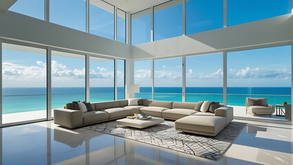Luxury architecture, ocean front property landscape. Modern living room interior design with sleek contemporary designer furniture, minimalist decor large windows, panoramic coastal view background