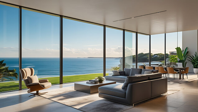 Luxury architecture, ocean front property landscape. Modern living room interior design with sleek contemporary designer furniture, minimalist decor large windows, panoramic coastal view background