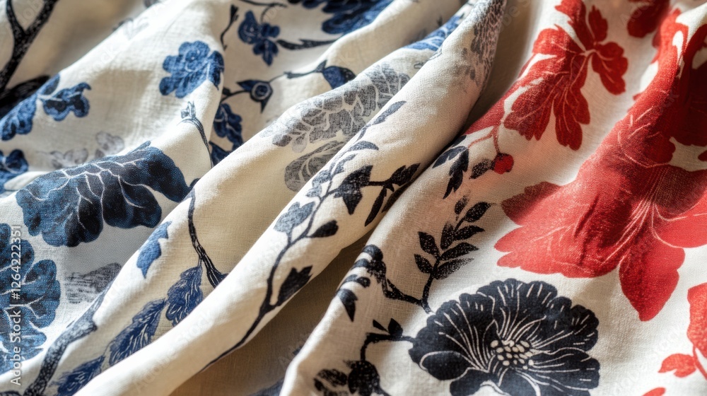 Fototapete close up of intricate patterned fabrics showcasing floral and geometric designs with space for custo