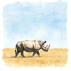 Fototapeta premium Watercolor rhino walking, peaceful illustration in boho style