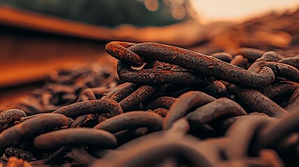 Close-up of rusted chains lying on a railway track at sunset, evoking a sense of decay and abandonment