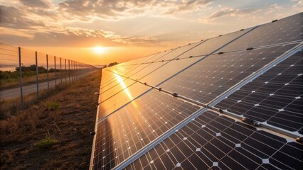 stunning image of solar panels at sunset. golden hour light reflects beautifully on the panels, showcasing renewable energy. perfect for illustrating clean energy, sustainability